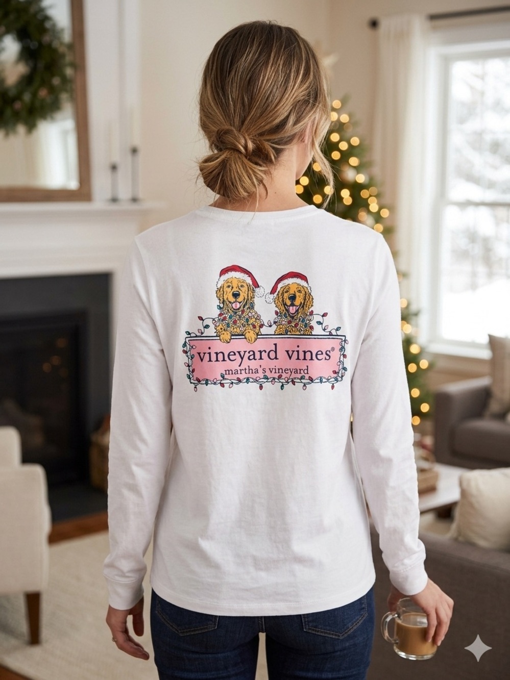 Vineyard Vines White Long-Sleeve Pocket Tee with Pink Logo Pocket. Santa 🎅🏼 Dogs